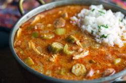 Chicken gumbo with a scoop of rice